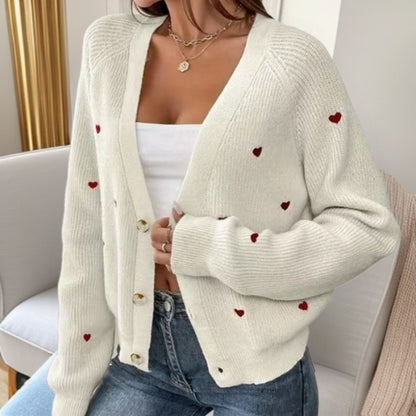 Cardigan à col en V pour femme,  Doux “Cœur à Prendre” – Élégance & Tendresse